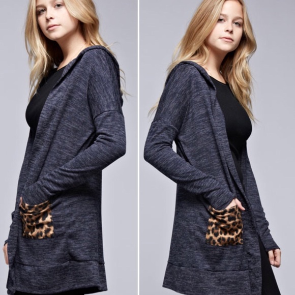 Low Stock! S-M Charcoal hoodie w/ leopard pockets - Picture 2 of 5